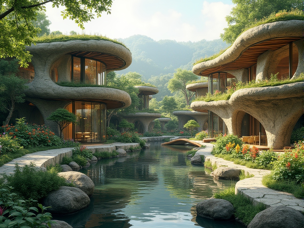 Prompt: Seamless landscape integration, organic architecture, curved lines, natural stone walls, green roofs, living walls, verdant surroundings, serene lakeside, gentle water features, rustic wooden bridges, meandering pathways, native plant species, vibrant wildflowers, warm sunny day, soft diffused lighting, shallow depth of field, 2/3 composition, panoramic view, realistic textures, ambient occlusion.