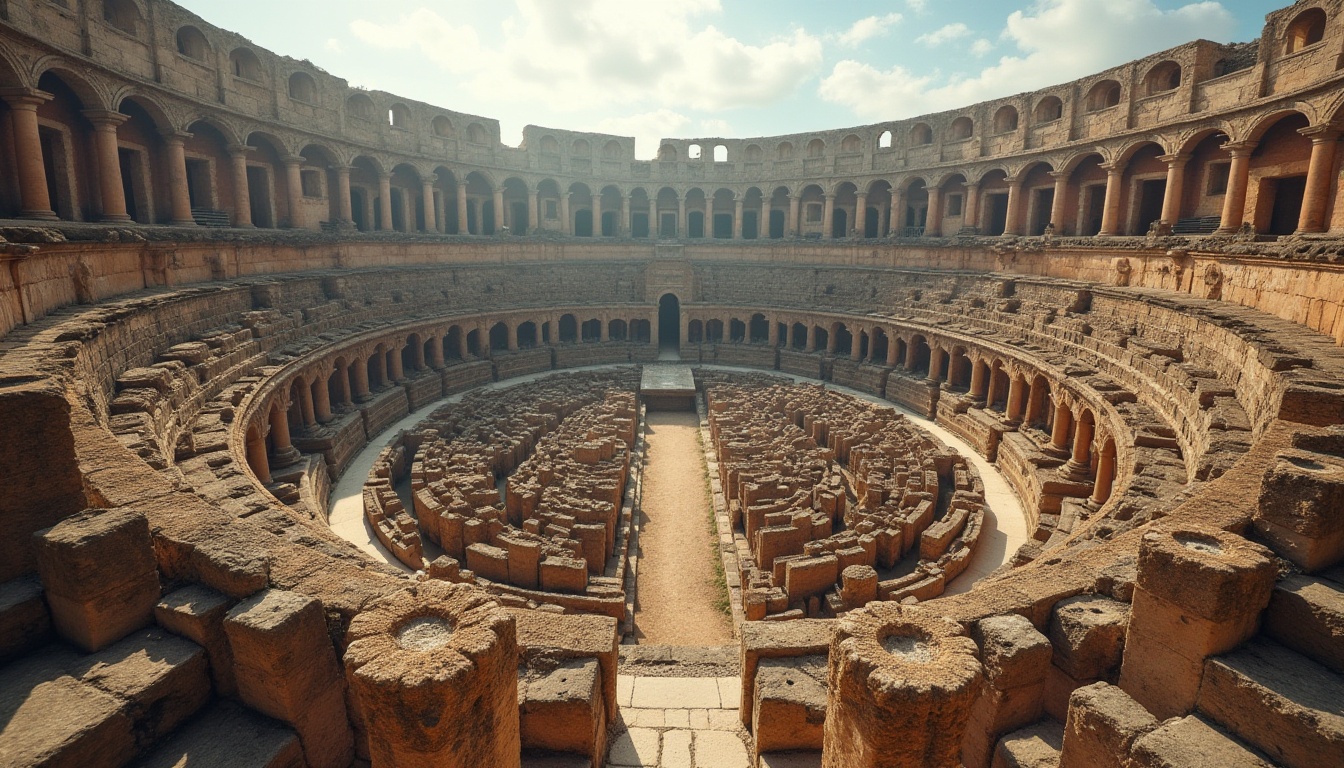 Prompt: Ancient Roman amphitheater, grandiose elliptical shape, massive stone structure, tiered seating areas, ornate arches, robust columns, vaulted ceilings, intricate carvings, weathered stone textures, natural light illumination, warm earthy tones, atmospheric misting effects, shallow depth of field, 1/2 composition, symmetrical framing, realistic ambient occlusion.