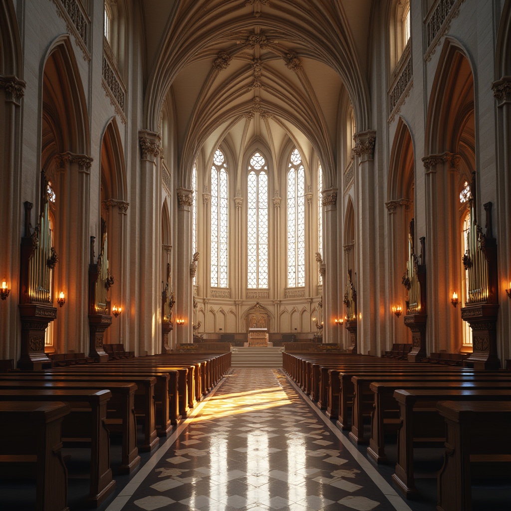 Prompt: \Ethereal church interior, stunning stained glass windows, majestic vaulted ceilings, ornate wooden pews, intricate stone carvings, grand pipe organs, soft warm lighting, abundant natural light, clerestory windows, skylights, LED candles, ambient illumination, 1/1 composition, shallow depth of field, realistic textures, ambient occlusion.\