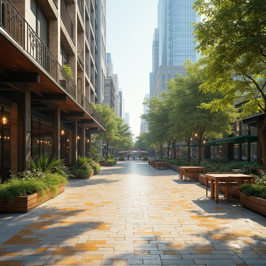 Prompt: Vibrant public plaza, textured stone pavement, ornate metal railings, lush green walls, modern street furniture, urban skyscrapers, bright sunny day, soft warm lighting, shallow depth of field, 3/4 composition, panoramic view, realistic textures, ambient occlusion, intricate mosaics, colorful ceramic tiles, natural wood accents, rustic brick patterns, industrial metal beams, eclectic art installations.