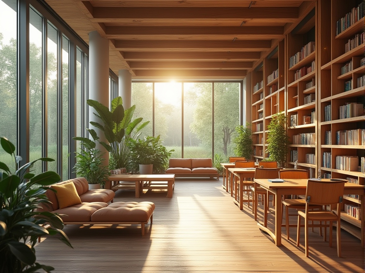 Prompt: Serene reading rooms, floor-to-ceiling windows, natural oak wood accents, comfortable seating areas, soft warm lighting, diffused sunlight, calming atmosphere, studious ambiance, quiet corners, bookshelves with ladder access, leather-bound tomes, wooden desks, ergonomic chairs, abundant greenery, lush plants, modern minimalist architecture, open concept design, collaborative workspaces, acoustic ceiling panels, sound-absorbing materials, subtle color palette, warm beige tones, panoramic views, 1/2 composition, realistic textures, ambient occlusion.