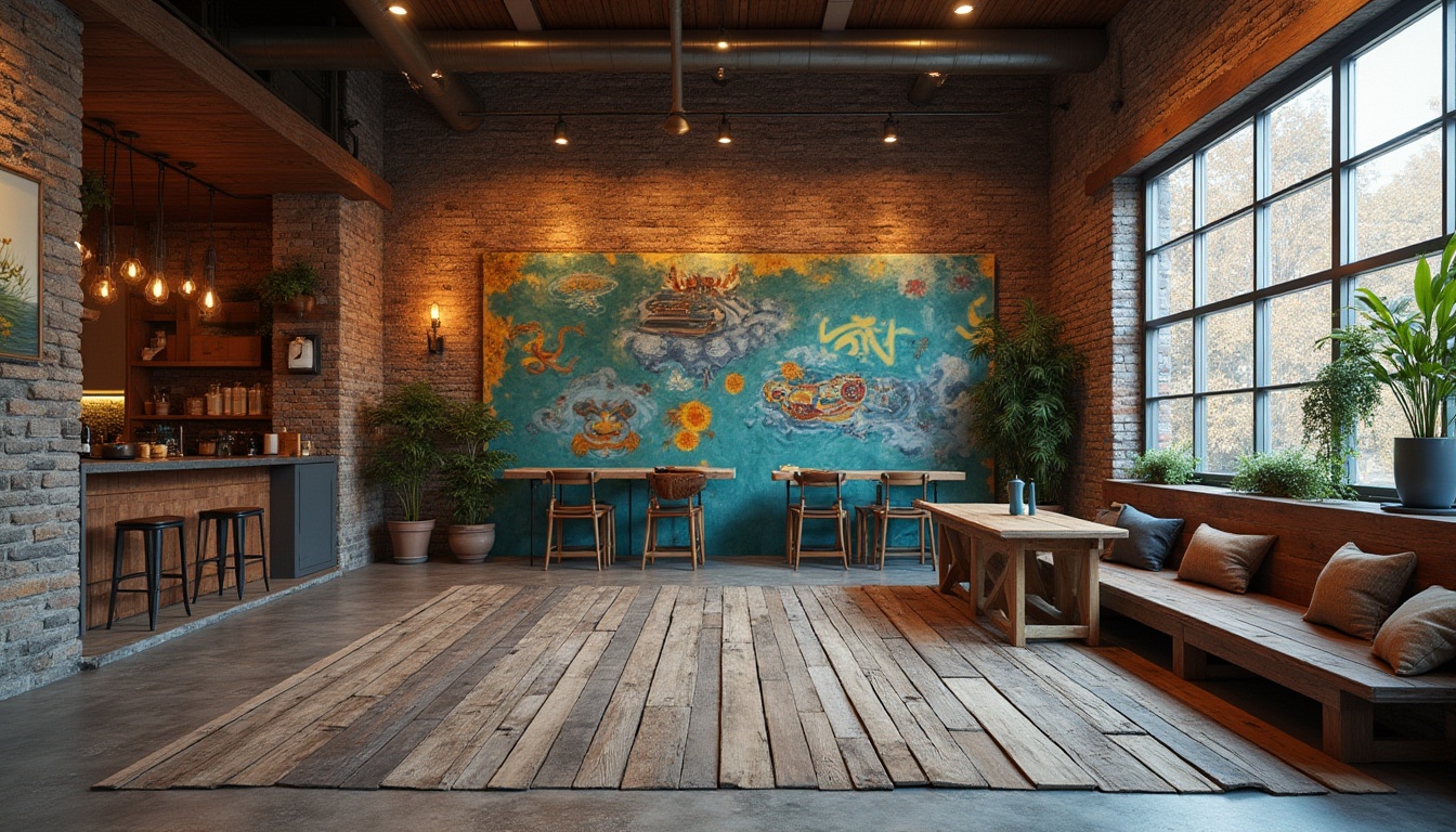 Prompt: Rustic wooden planks, distressed metal sheets, rough stone walls, vibrant graffiti murals, eclectic industrial decor, reclaimed wood accents, exposed brick textures, polished concrete floors, soft warm lighting, shallow depth of field, 3/4 composition, panoramic view, realistic textures, ambient occlusion.