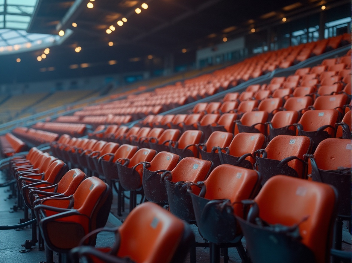 Prompt: Cozy stadium seating, ergonomic chairs, soft cushioning, gentle recline, ample legroom, personal armrests, adjustable headrests, vibrant team colors, modern architecture, grandstand views, natural stone concourses, sleek metal railings, ambient lighting, warm color tones, shallow depth of field, 3/4 composition, panoramic view, realistic textures, ambient occlusion.