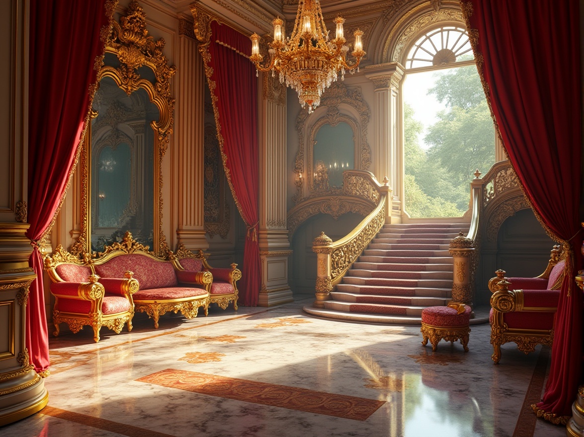 Prompt: Grandiose palace, opulent furnishings, intricate carvings, gilded ornaments, velvet drapes, marble floors, ornate mirrors, crystal chandeliers, lavish fountains, majestic staircases, sweeping archways, rich tapestries, luxurious textiles, regal color palette, dramatic lighting, shallow depth of field, 1/1 composition, realistic textures, ambient occlusion.