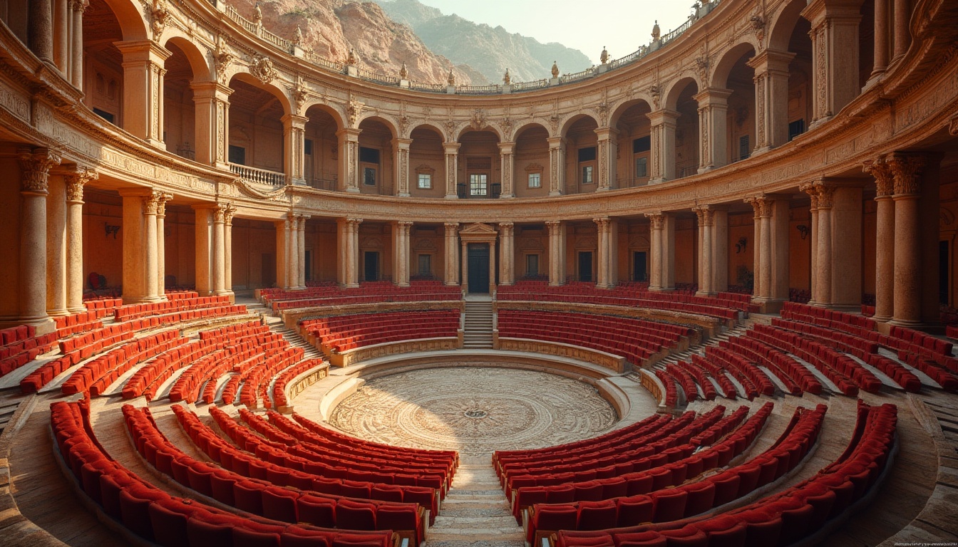 Prompt: Ancient Roman-inspired amphitheater, grandiose arches, ornate columns, travertine stone seating, curved rows of seats, vibrant red velvet upholstery, intricate mosaics, warm golden lighting, shallow depth of field, 1/1 composition, symmetrical arrangement, imposing structure, majestic atmosphere, soft evening light, subtle shadows, realistic textures, ambient occlusion.