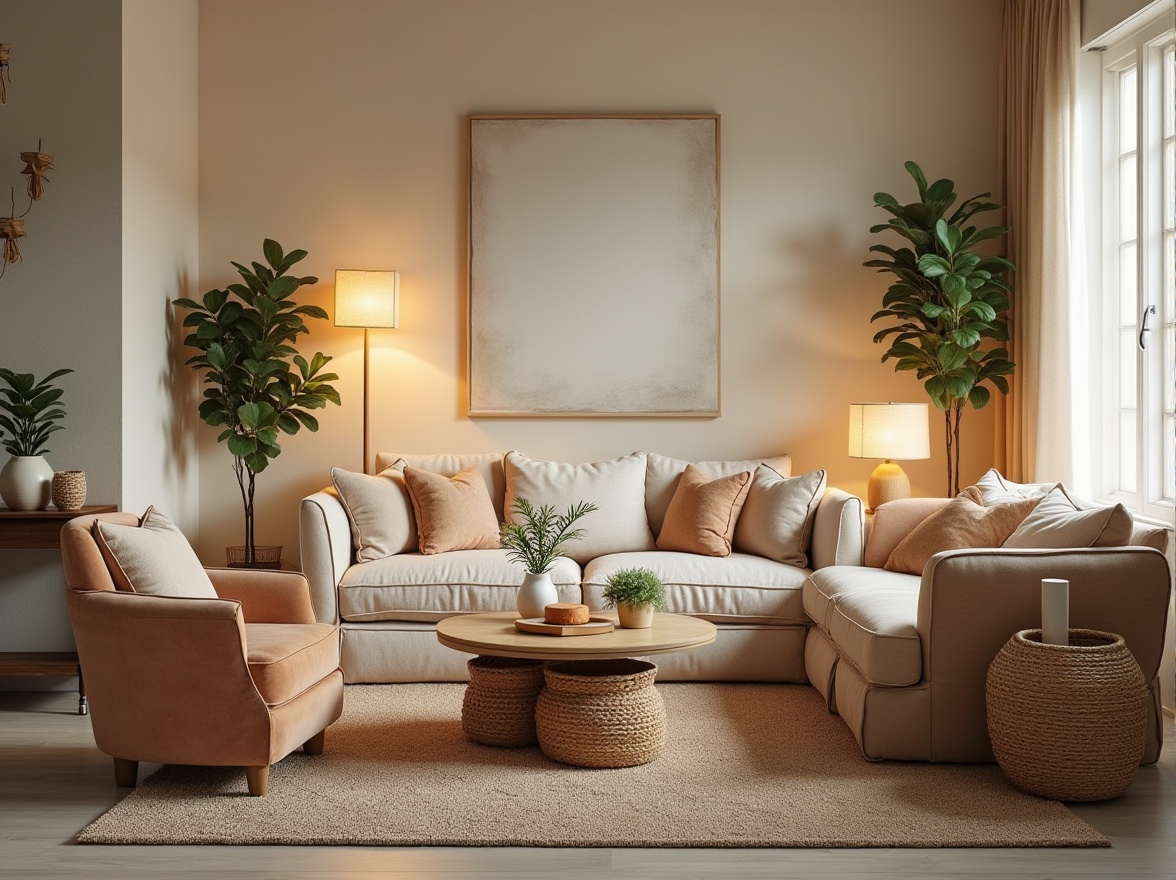 Prompt: Cozy living room, plush sofas, velvet armchairs, wooden coffee tables, woven baskets, potted plants, soft cushions, warm lighting, floor lamps, minimalist decor, calm color palette, natural textiles, geometric patterns, 3/4 composition, shallow depth of field, realistic rendering, ambient occlusion.