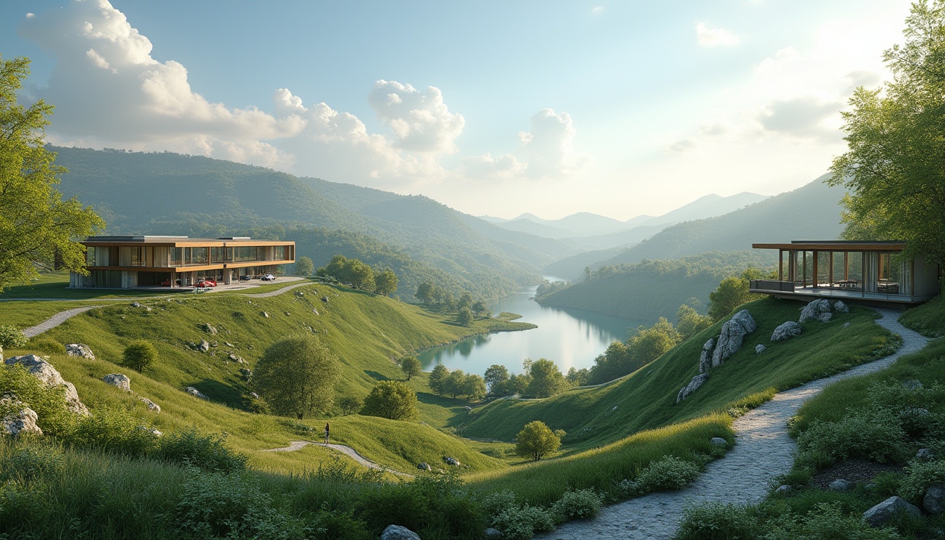 Prompt: Harmonious landscape integration, rolling hills, serene lakes, lush greenery, native plants, meandering walking paths, scenic overlooks, modern architecture, sustainable design, eco-friendly materials, large windows, sliding glass doors, natural ventilation, abundant daylight, shallow depth of field, 3/4 composition, panoramic view, realistic textures, ambient occlusion.