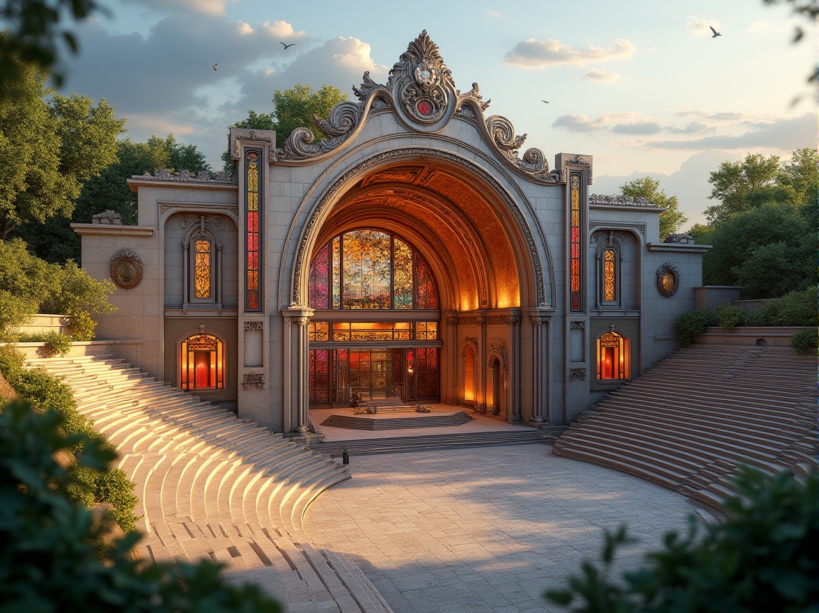 Prompt: Grand amphitheater building, sweeping curved lines, majestic stone facade, ornate metal details, vibrant colored glass panels, dramatic arches, imposing columns, grand entrance gates, lush greenery surroundings, tiered seating areas, open-air performance space, warm golden lighting, shallow depth of field, 3/4 composition, panoramic view, realistic textures, ambient occlusion.