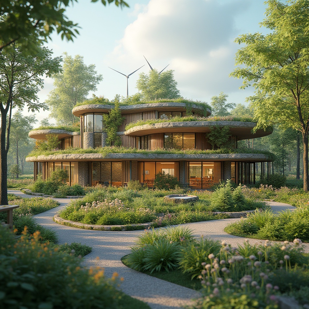 Prompt: Eco-friendly building, lush green roof, solar panels, wind turbines, rainwater harvesting system, grey water reuse, natural ventilation, clerestory windows, recycled materials, bamboo flooring, low-VOC paints, organic garden, native plant species, butterfly-friendly flowers, birdhouses, insect hotels, composting area, educational signage, sustainable urban planning, walkable neighborhood, bike lanes, public transportation hub, reduced carbon footprint, zero-waste policy, natural stone fa\u00e7ade, curved lines, minimalist design, warm ambient lighting, 1/2 composition, realistic textures, ambient occlusion.