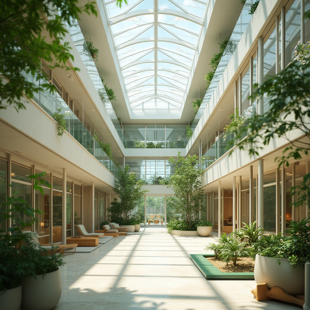 Prompt: \Vibrant atrium, lush greenery, floor-to-ceiling windows, clerestory roofs, skylights, transparent glass walls, reflective surfaces, minimalist interior design, open floor plans, bright white colors, natural stone floors, wooden accents, eco-friendly materials, sustainable architecture, airy spaces, soft warm lighting, shallow depth of field, 3/4 composition, panoramic view, realistic textures, ambient occlusion.\