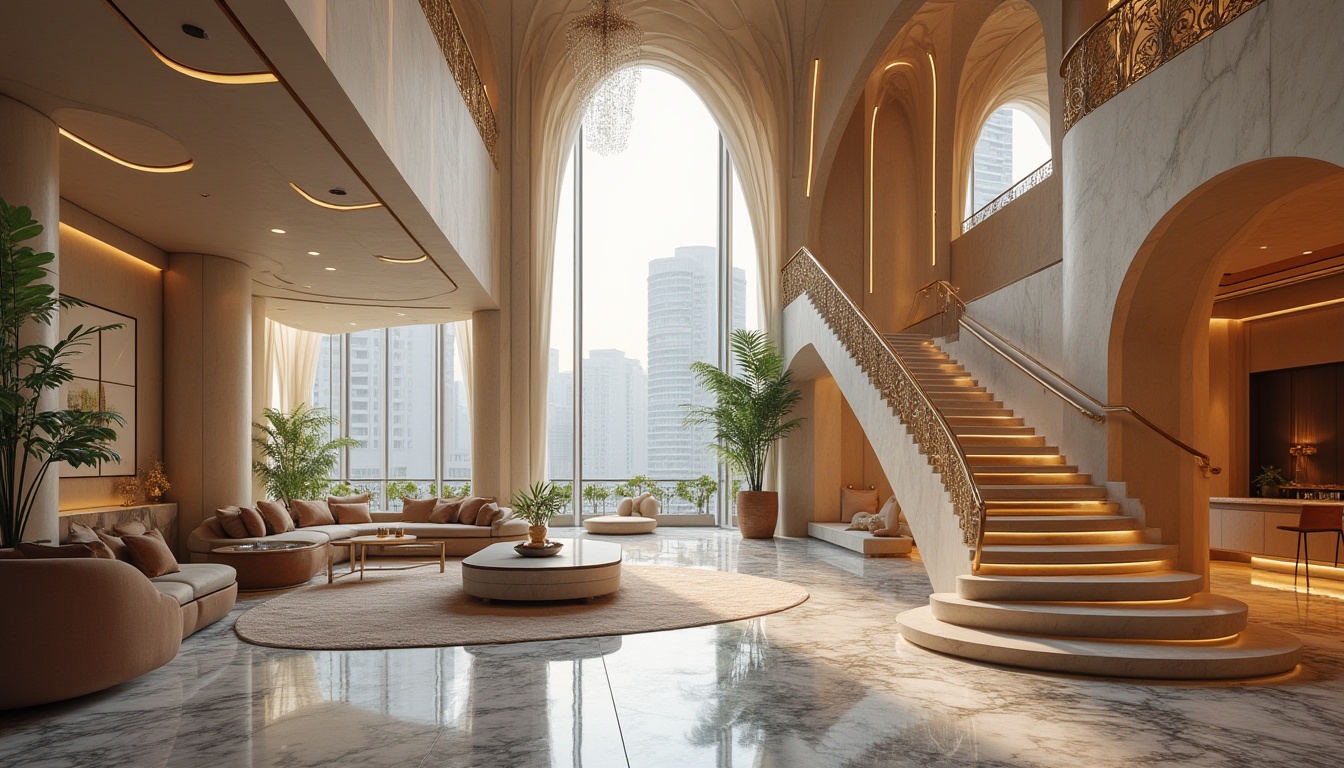 Prompt: Organic shapes, flowing curves, elegant arches, ornate decorations, luxurious materials, polished marble surfaces, sleek metallic accents, subtle gradient effects, soft warm lighting, dramatic shadowplay, 3/4 composition, symmetrical balance, refined typography, sophisticated color palette, opulent furniture designs, lavish interior spaces, grand staircase, sweeping balconies, panoramic city views, misty atmospheric conditions.