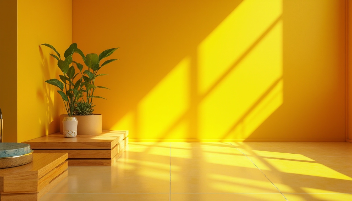 Prompt: Vibrant yellow accents, warm sunny atmosphere, modern minimalist spaces, sleek metal surfaces, bright citrus hues, optimistic emotional resonance, energizing visual stimulation, bold typographic elements, contrasting deep blues, natural wood textures, subtle gradient effects, 1/1 composition, high-key lighting, realistic reflective materials, ambient occlusion.