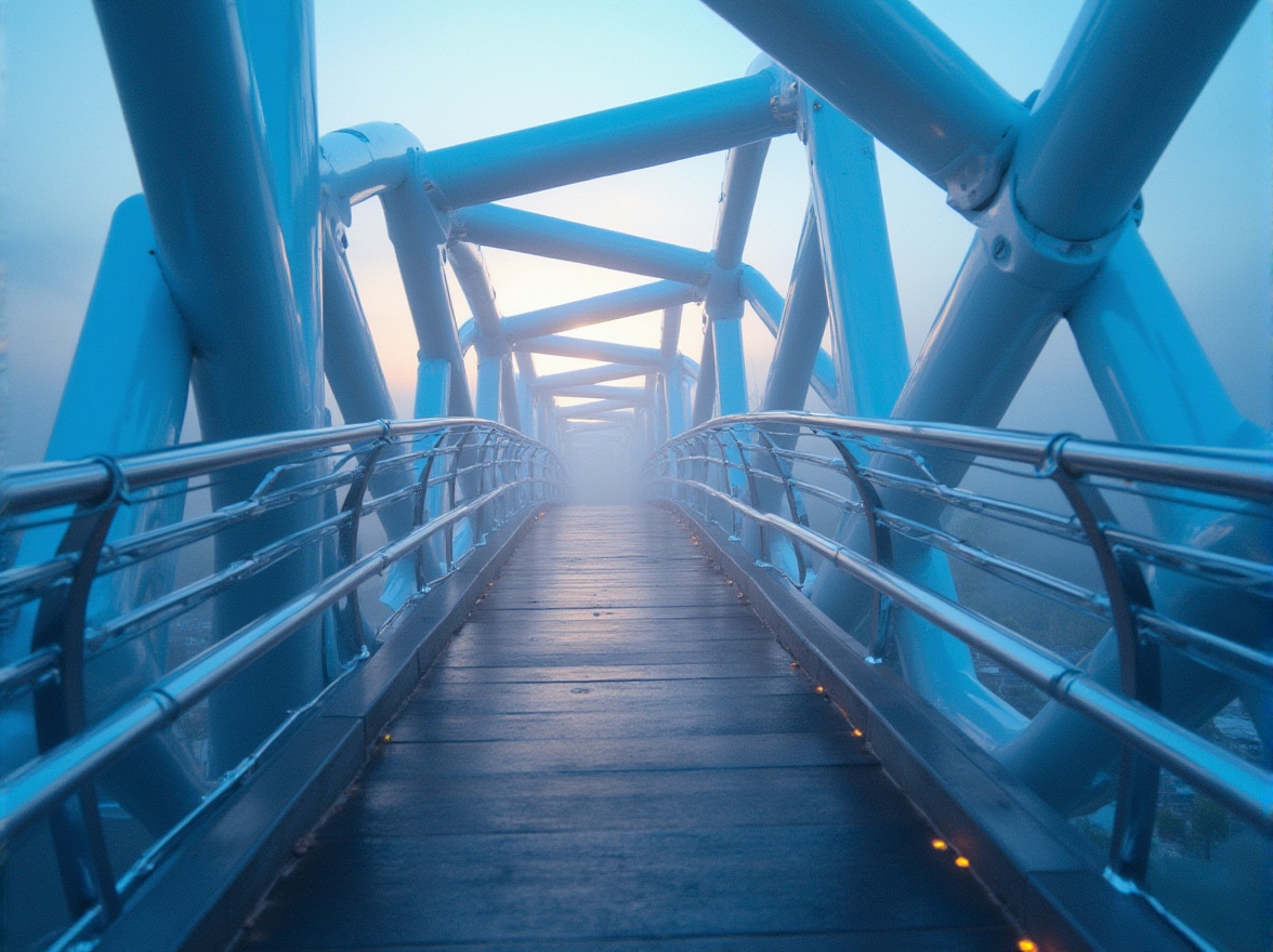 Prompt: Modern bridge, sleek metal structures, bold angular lines, vibrant blue hues, silver accents, glossy finishes, LED lighting systems, urban cityscape, misty morning atmosphere, soft warm glow, shallow depth of field, 1/2 composition, realistic reflections, ambient occlusion.