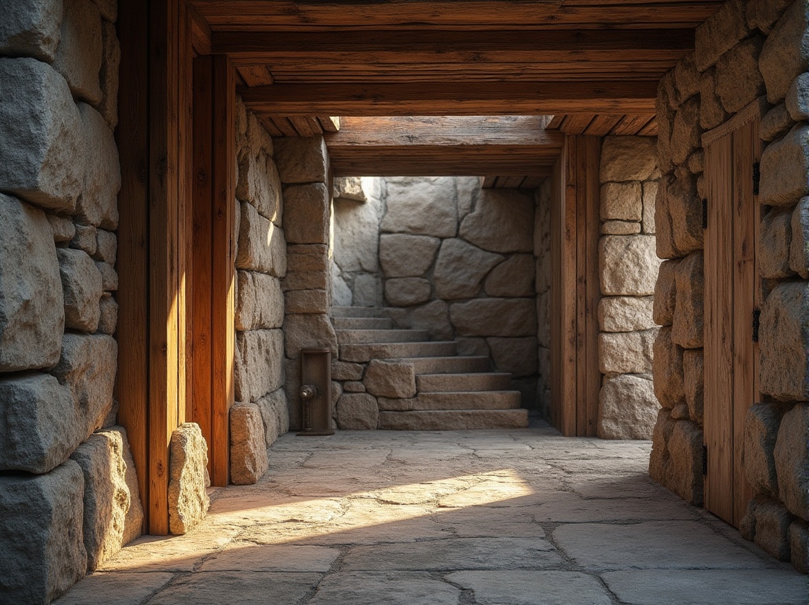 Prompt: Rustic stone walls, worn wooden planks, rough-hewn granite columns, distressed metal panels, reclaimed wood accents, earthy color palette, natural materials, organic forms, brutalist architecture, fortress-like structures, dramatic shadows, warm ambient lighting, high-contrast textures, 1/2 composition, low-angle shot, cinematic atmosphere.