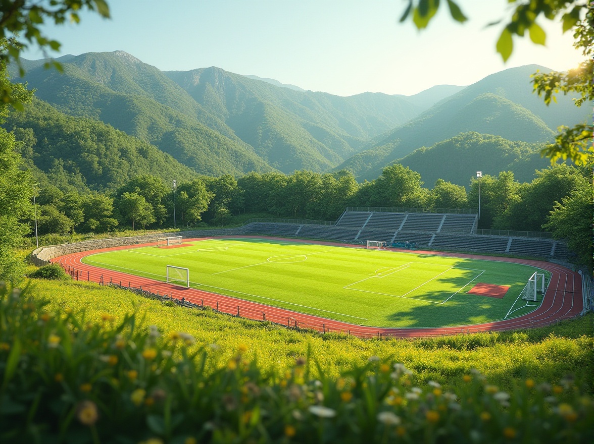 Prompt: Natural sports fields, lush green grass, rolling hills, athletic tracks, soccer goals, tennis courts, basketball hoops, vibrant colorful markings, rustic stone walls, wooden fences, wildflower meadows, serene sunny day, soft warm lighting, shallow depth of field, 3/4 composition, panoramic view, realistic textures, ambient occlusion, modern sports facilities, sleek metal bleachers, minimalist design, sustainable drainage systems, rain gardens, eco-friendly materials.