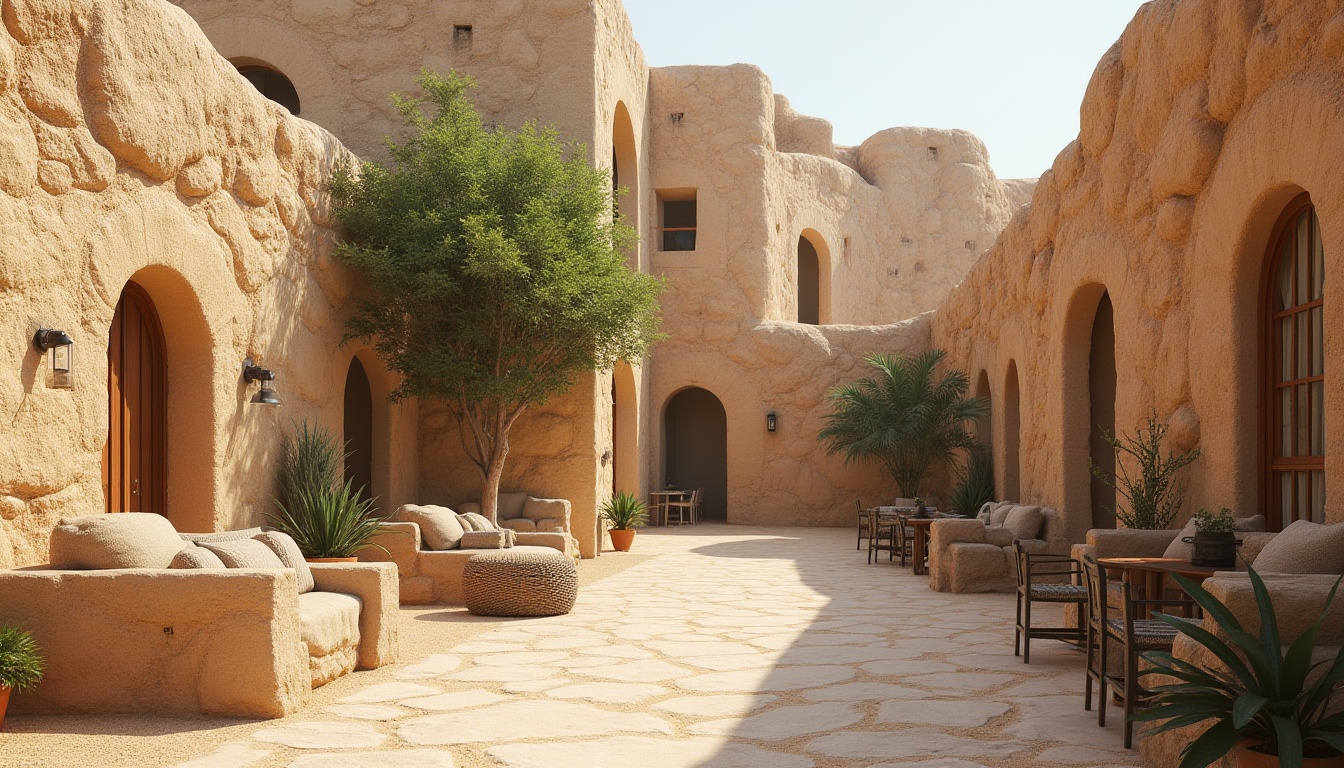 Prompt: Natural sandstone walls, earthy tones, rugged textures, organic forms, warm beige color palette, coarse stone surfaces, natural patterns, weathered finishes, outdoor furniture, lush greenery, desert landscape, sunny day, soft warm lighting, shallow depth of field, 3/4 composition, realistic textures, ambient occlusion.