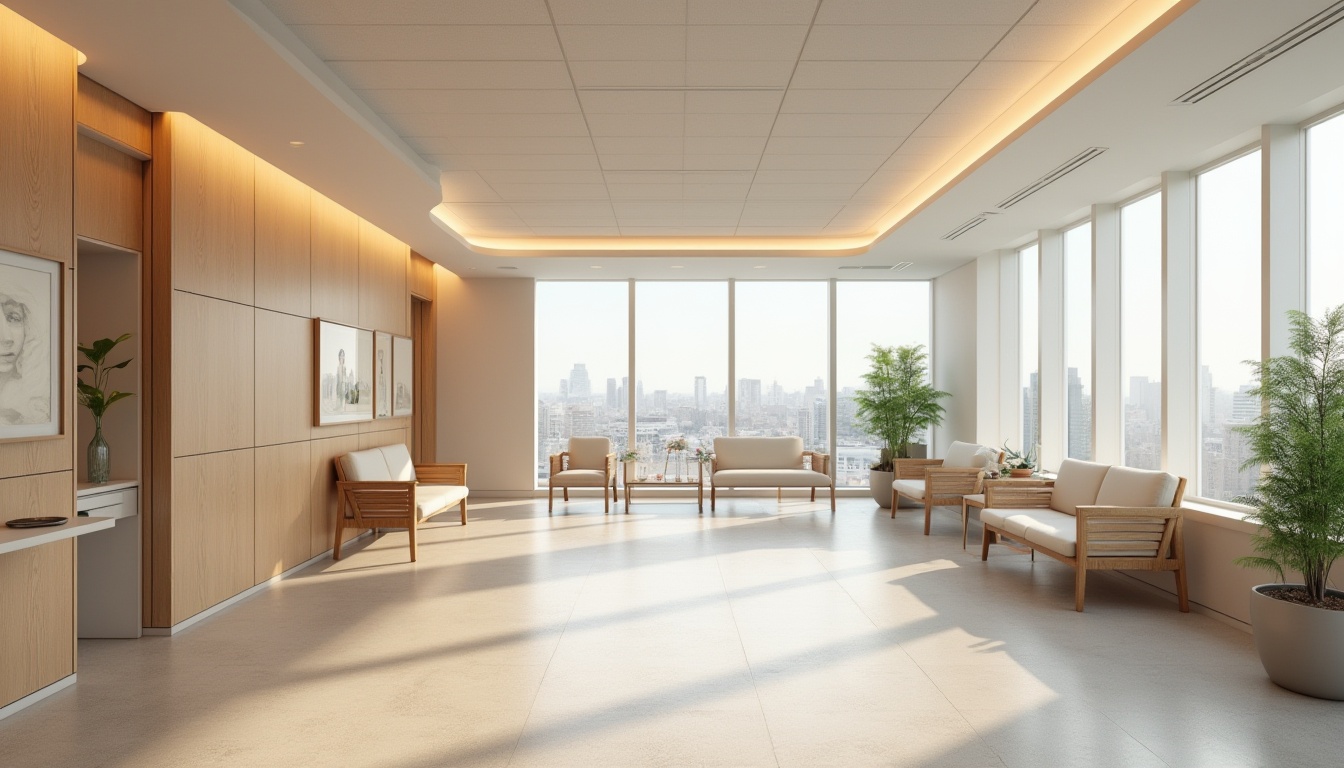 Prompt: Soothing hospital interior, calming color scheme, natural wood accents, comfortable seating areas, gentle lighting, peaceful waiting rooms, private patient rooms, large windows, cityscape views, minimalist decor, simple furniture, rounded corners, acoustic ceilings, soft flooring, calming artwork, serene ambiance, shallow depth of field, 1/1 composition, realistic textures, ambient occlusion.