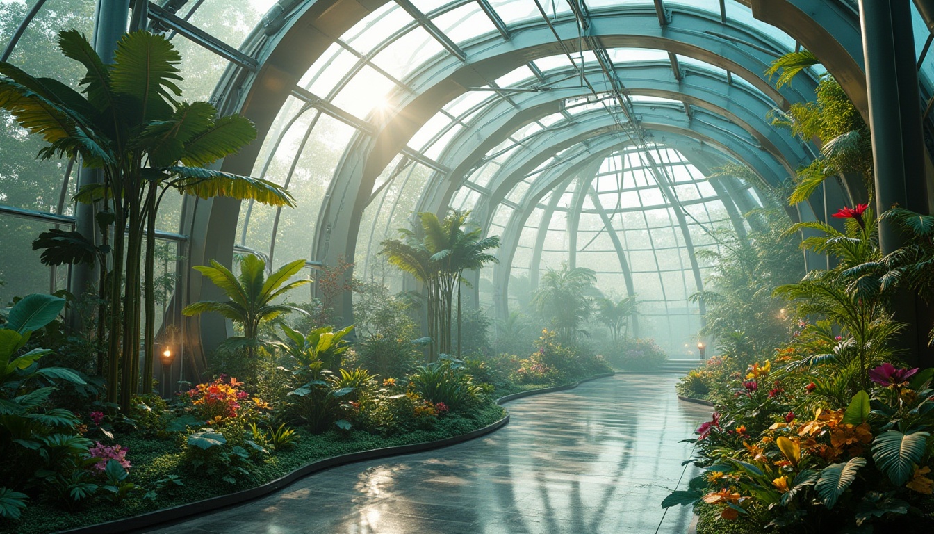 Prompt: Futuristic greenhouse, lush tropical plants, misty atmosphere, iridescent glass surfaces, curvaceous lines, sustainable energy systems, hydroponic farming, vertical gardens, ambient natural light, warm humid climate, exotic flowers, vibrant colorful accents, intricate metallic structures, minimalist interior design, futuristic furniture, soft diffused lighting, shallow depth of field, 3/4 composition, panoramic view, realistic textures, ambient occlusion.