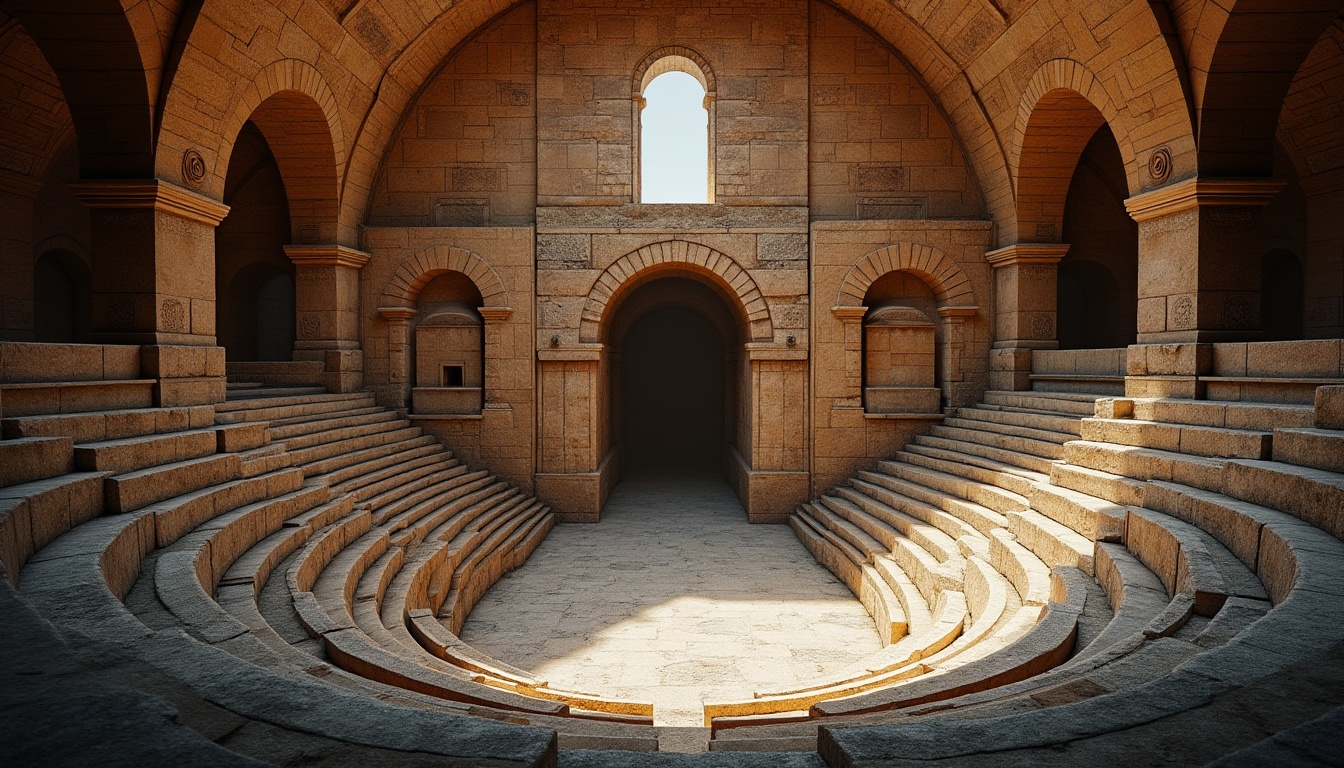 Prompt: Romanesque amphitheater, ancient stone architecture, semicircular seating, tiered rows, arches, columns, ornate capitals, rusticated stones, grand entrance, vaulted corridors, barrel-vaulted ceiling, high-contrast lighting, dramatic shadows, warm earthy tones, natural textures, ambient occlusion, cinematic composition, 2.39 aspect ratio, atmospheric perspective, sense of history and nostalgia.Please let me know if this meets your requirements!