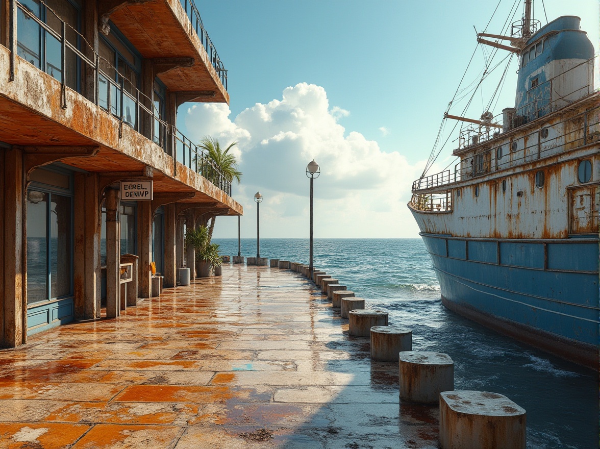 Prompt: Coastal promenade, ocean views, salty air, rusted steel beams, weathered wood accents, industrial chic aesthetic, nautical theme, ship-inspired structures, curved lines, modern maritime architecture, corrosion-resistant coatings, metal grills, wave-cut walls, beachy vibe, sunny day, soft warm lighting, 3/4 composition, panoramic view, realistic textures, ambient occlusion.