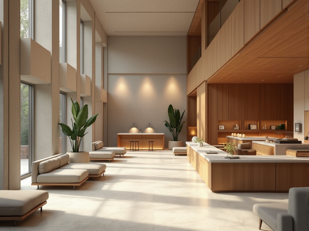 Prompt: Simple hotel facade, clean lines, monochromatic color scheme, natural stone walls, wooden accents, minimal ornamentation, spacious lobby, high ceilings, floor-to-ceiling windows, abundant natural light, comfortable lounge seating, warm neutral tones, subtle textures, elegant lighting fixtures, modern minimalist furniture, functional decor, serene ambiance, shallow depth of field, 1/1 composition, realistic render.