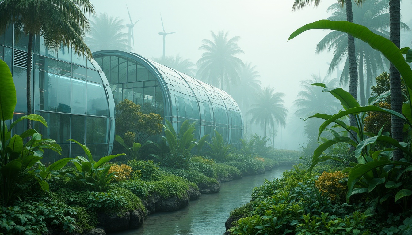 Prompt: Futuristic greenhouse, lush tropical plants, misty atmosphere, sustainable energy harvesting, solar panels, wind turbines, water recycling systems, green roofs, eco-friendly materials, innovative climate control, automated irrigation, futuristic glass facades, minimal structural frames, curved lines, vibrant neon accents, soft natural lighting, shallow depth of field, 3/4 composition, panoramic view, realistic textures, ambient occlusion.