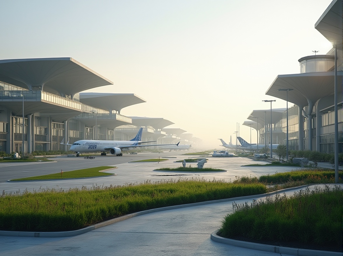 Prompt: Modern suburban airport landscape, sleek concrete runways, vibrant green grass, geometric-shaped flower beds, minimalist steel sculptures, airy glass terminals, angular rooflines, industrial chic lighting, misty morning atmosphere, shallow depth of field, 1/1 composition, realistic textures, ambient occlusion, commercial airliners, private jets, airport signage, modern streetlights, asphalt pavement, natural stone walkways.