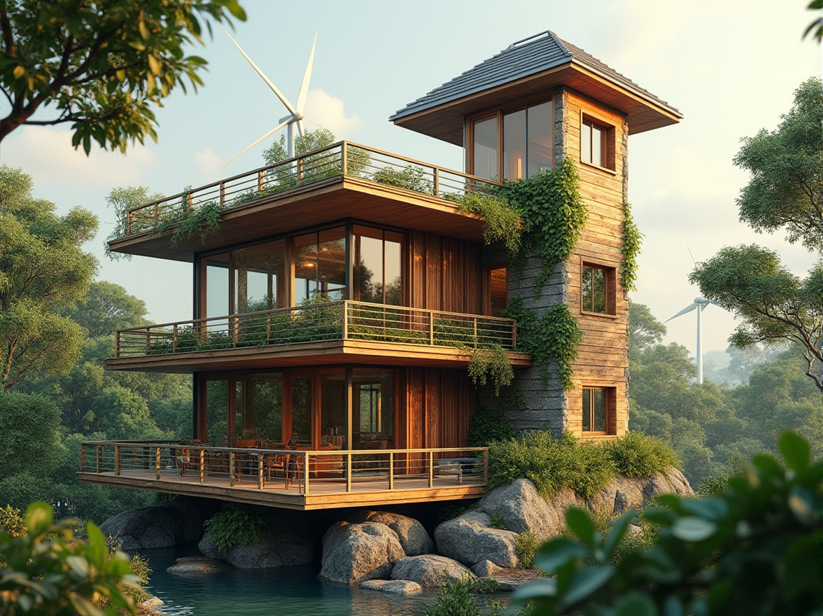 Prompt: Eco-friendly watching tower, reclaimed wood exterior, living green walls, solar panels, wind turbines, rainwater harvesting systems, natural stone foundation, organic curves, minimalist design, recycled metal railings, low-carbon cement, FSC-certified wood, bamboo flooring, eco-conscious furniture, abundant natural light, soft warm ambiance, shallow depth of field, 3/4 composition, panoramic view, realistic textures, ambient occlusion.