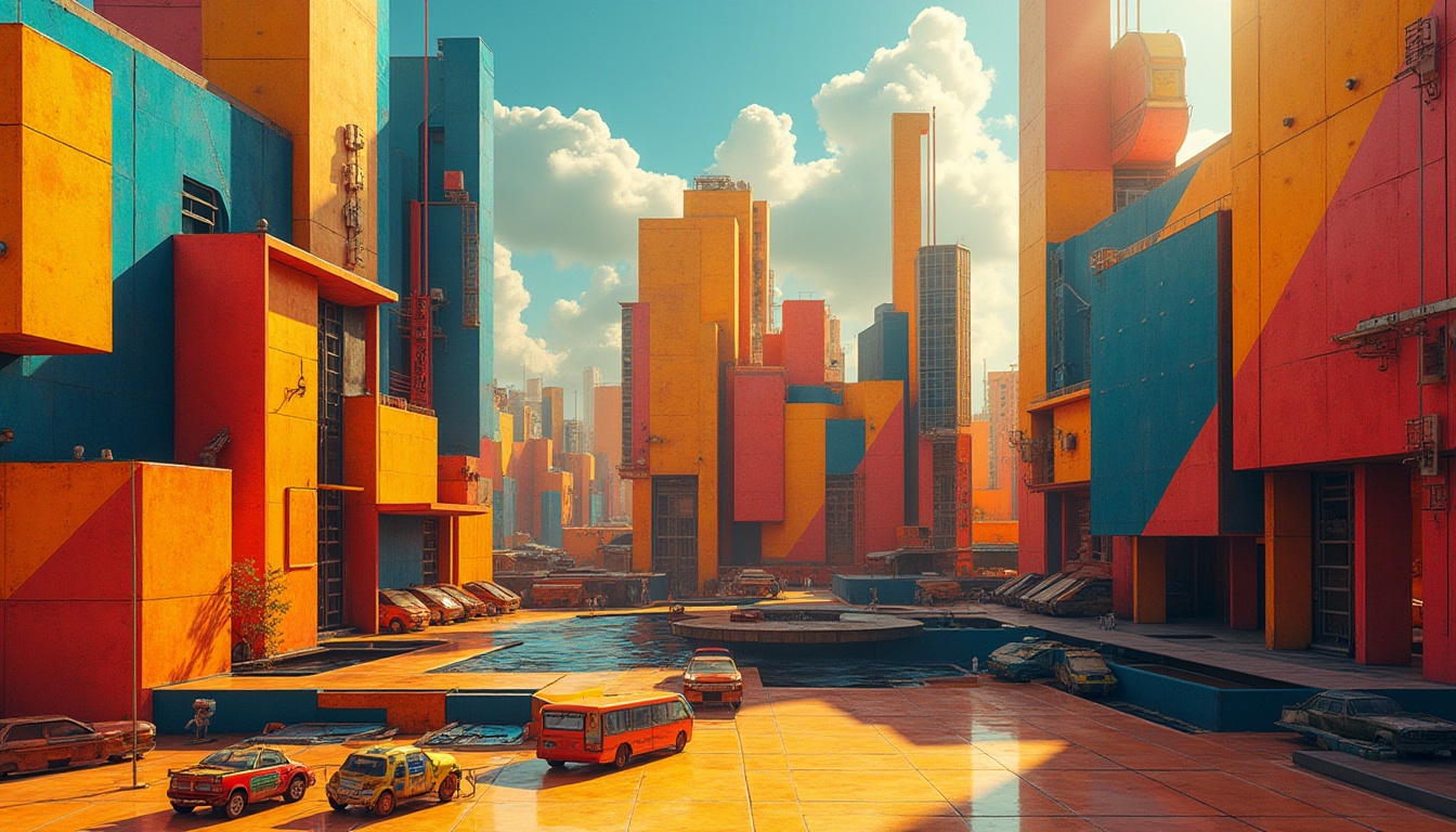 Prompt: Vibrant constructivist buildings, bold geometric shapes, dynamic diagonal lines, abstract forms, metallic materials, industrial textures, bright primary colors, stark contrasts, urban cityscape, modernist aesthetic, futuristic atmosphere, dramatic shadows, high-contrast lighting, cinematic composition, 2.5D perspective, low-poly geometry, stylized details, graphic patterns, architectural abstraction, avant-garde design, experimental structures.