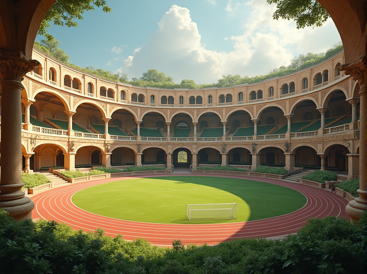 Prompt: Rustic sports stadium, Romanesque arches, ornate stone carvings, vibrant green turf, athletic track, football goals, tennis courts, basketball hoops, spectator seating, ancient-inspired columns, decorative pilasters, warm beige stonework, earthy red brick accents, classic Italianate details, lush greenery, sunny afternoon, soft warm lighting, shallow depth of field, 3/4 composition, panoramic view, realistic textures, ambient occlusion.