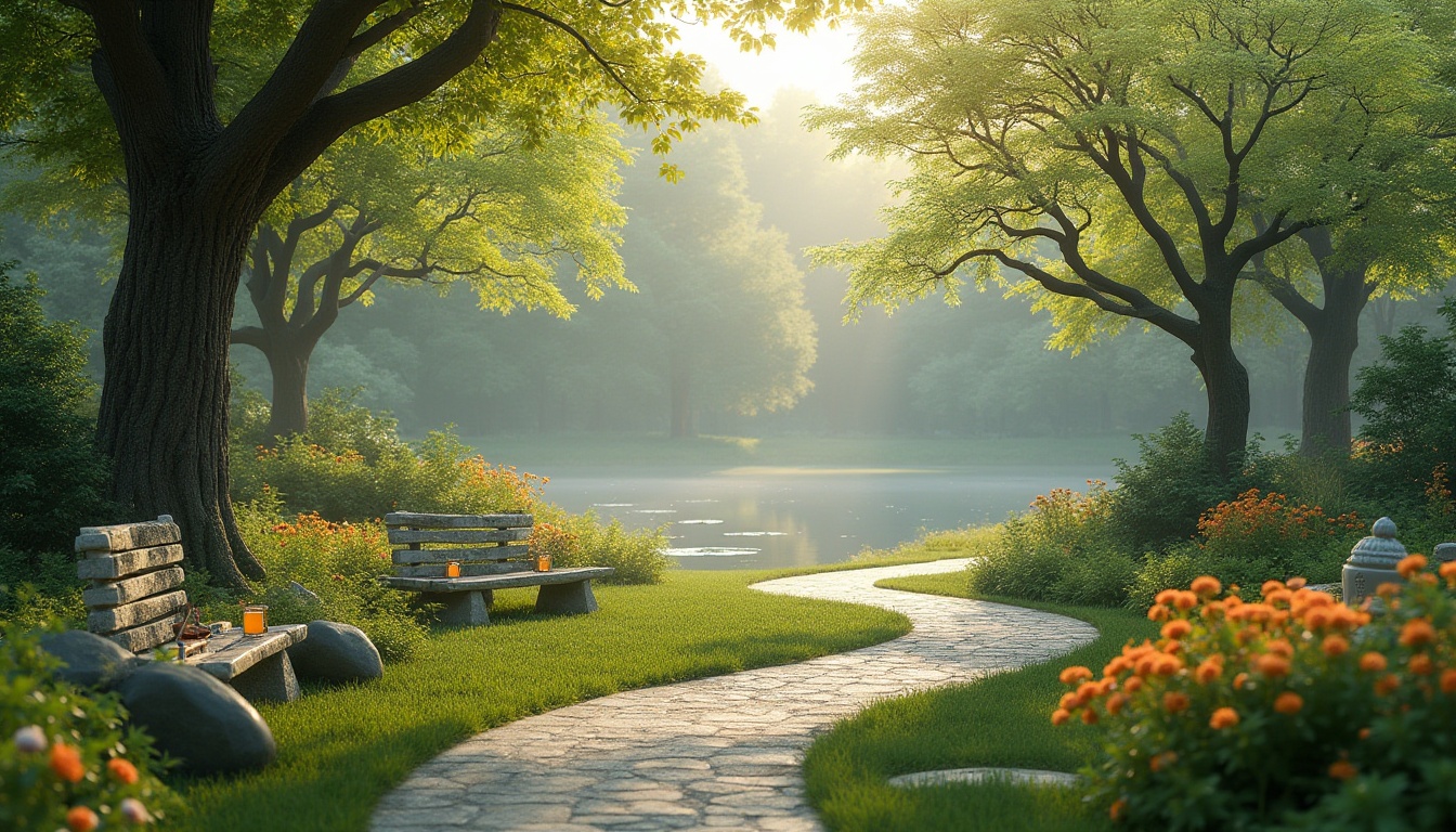 Prompt: Serenely curved pathways, lush green grass, vibrant blooming flowers, tranquil water features, natural stone benches, majestic trees, soft warm lighting, misty morning atmosphere, shallow depth of field, 3/4 composition, panoramic view, realistic textures, ambient occlusion, peaceful Buddha statues, spiritual quotes, lanterns, gentle wind chimes, aromatherapy gardens, herbal plants, sacred geometry patterns, intricate mandalas.