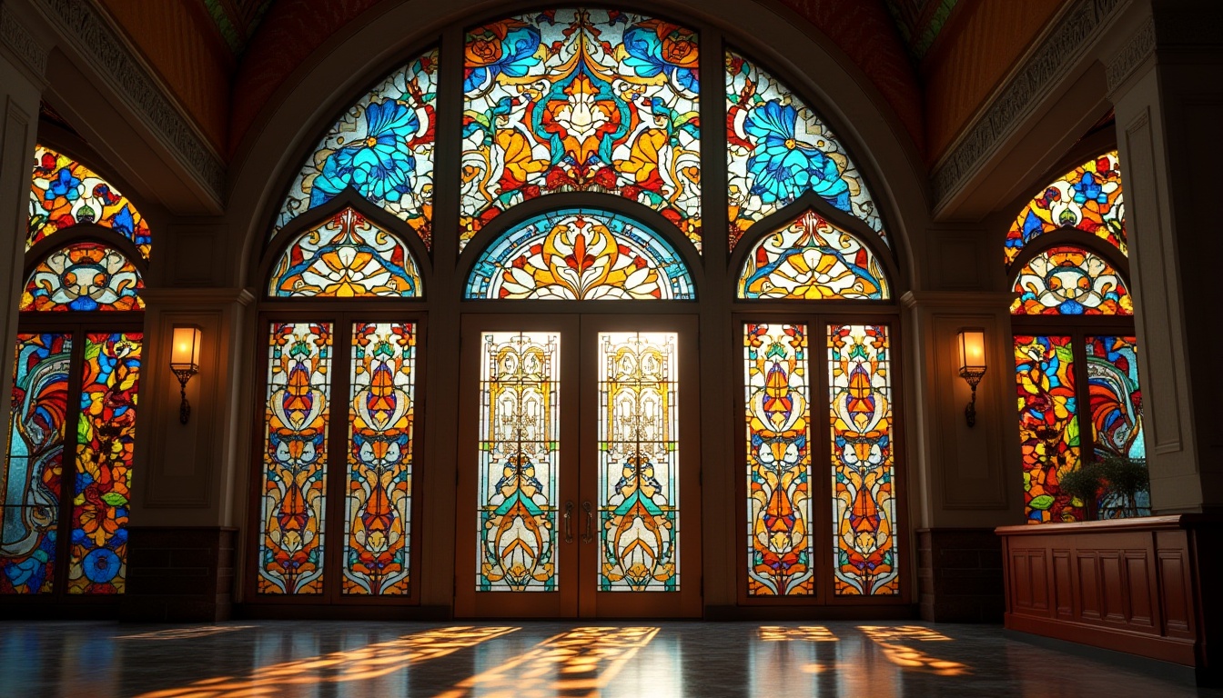 Prompt: Vibrant stained glass windows, geometric patterns, Art Deco style, luxurious architecture, opulent interior design, ornate details, colorful mosaics, intricate designs, beveled edges, leadlight constructions, refracted light effects, kaleidoscopic colors, ornamental motifs, metallic accents, bronze frames, symmetrical compositions, 1/1 aspect ratio, dramatic lighting, soft focus, shallow depth of field.