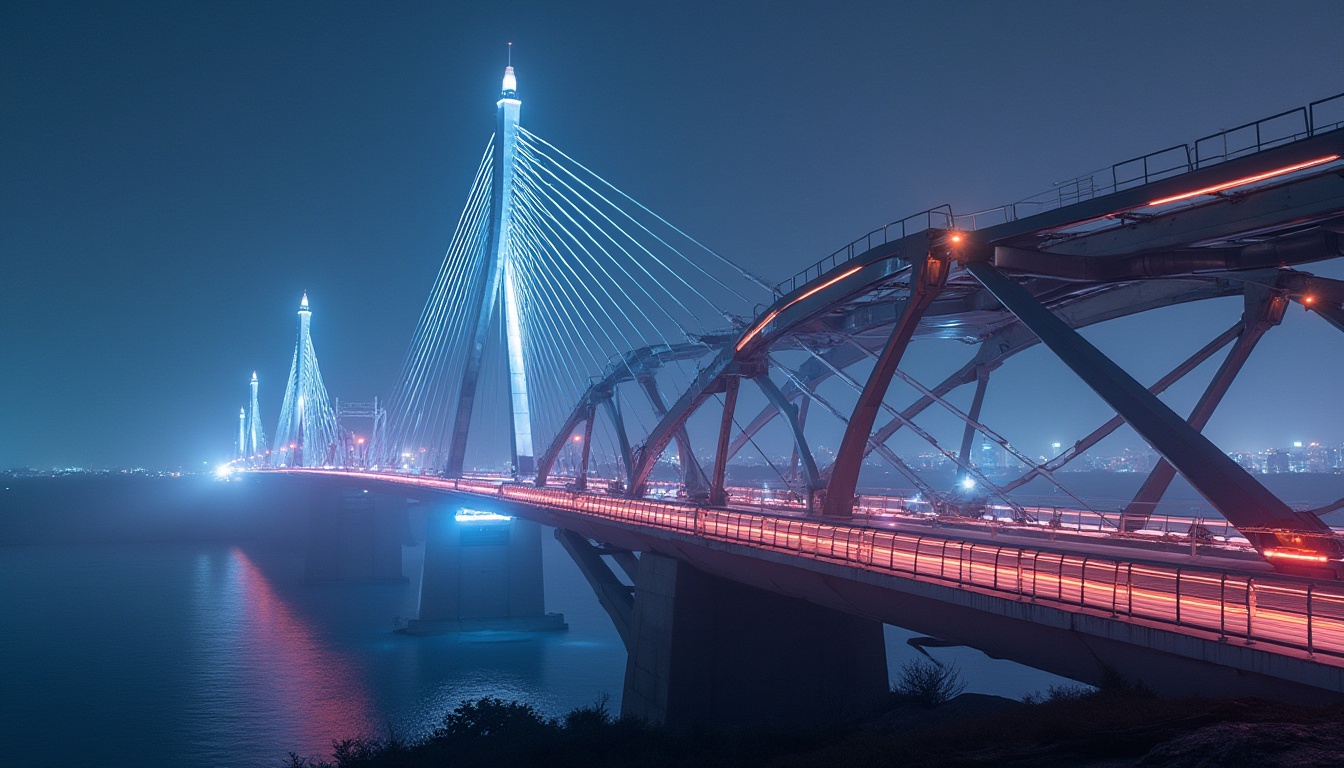 Prompt: Futuristic bridge design, sleek metal arches, suspension cables, illuminated LED handrails, gleaming stainless steel surfaces, modern angular piers, dynamic diagonal lines, cantilevered sections, minimalist railings, high-strength concrete foundations, advanced drainage systems, solar-powered lighting, vibrant neon accents, misty atmospheric effects, dramatic nighttime illumination, 1/2 composition, low-angle shot, cinematic lighting.