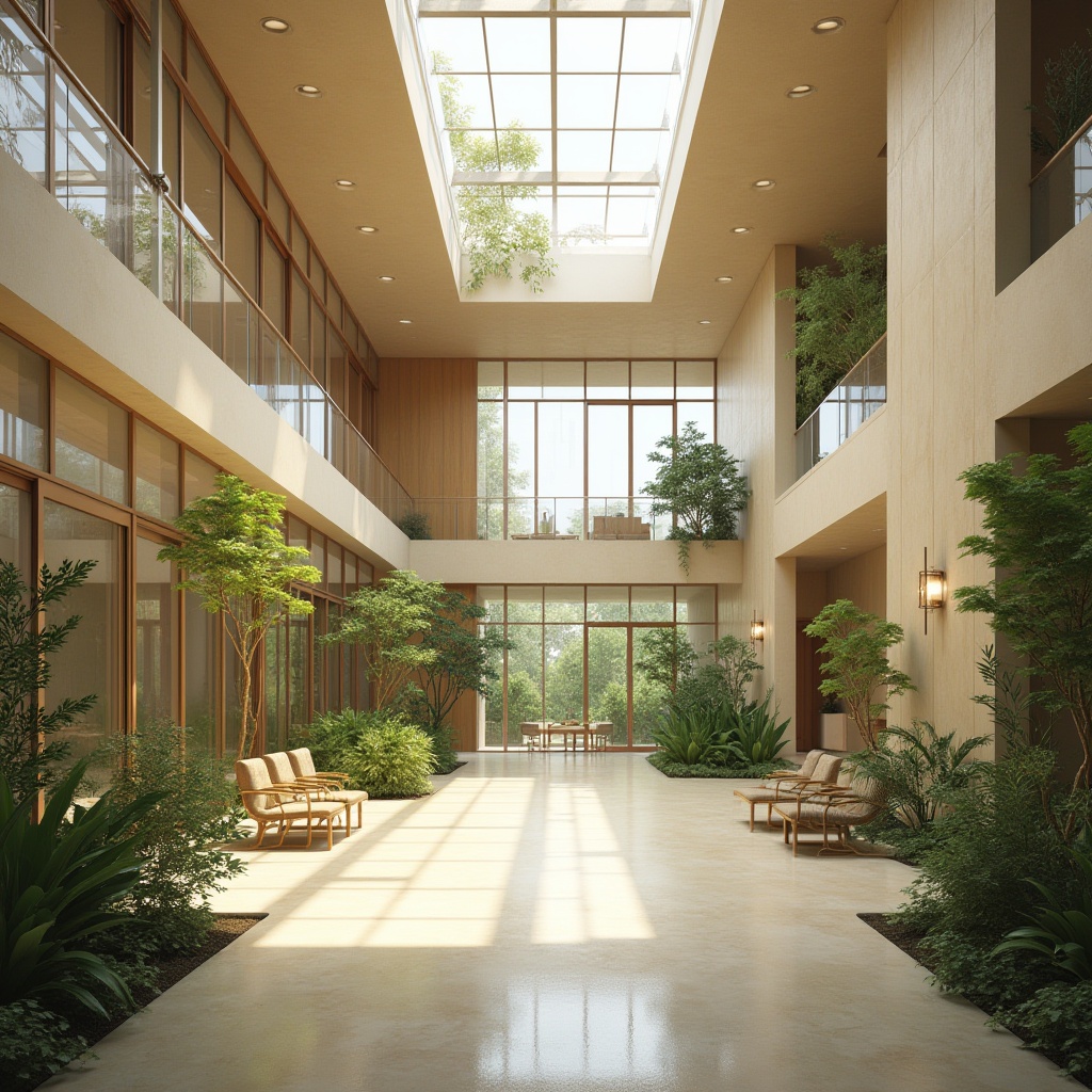 Prompt: Spacious open-plan interior, high ceilings, floor-to-ceiling windows, clerestory windows, skylights, solar tubes, reflective surfaces, minimal obstruction, transparent glass walls, sliding doors, natural ventilation systems, green roofs, lush indoor plants, warm beige color scheme, soft diffused lighting, 1/1 composition, shallow depth of field, realistic textures, ambient occlusion.Please let me know if this meets your requirements!