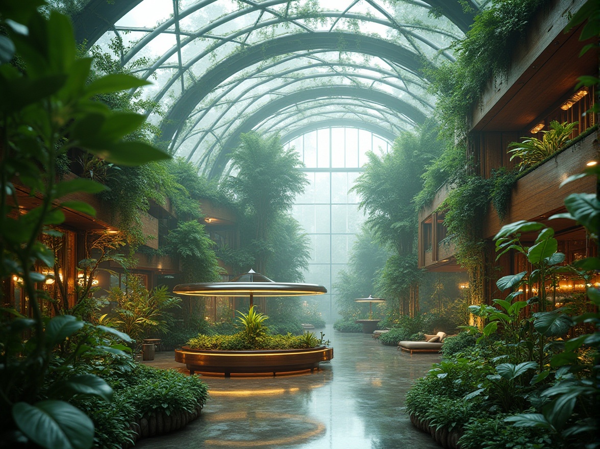 Prompt: Lush tropical plants, misty atmosphere, curved glass roofs, natural ventilation systems, organic shapes, sustainable materials, reclaimed wood accents, living walls, green roofing systems, hydroponic gardens, futuristic lighting fixtures, soft ambient glow, warm color tones, minimalist decor, ergonomic seating areas, circular pathways, 3/4 composition, shallow depth of field, panoramic view, realistic textures, ambient occlusion.