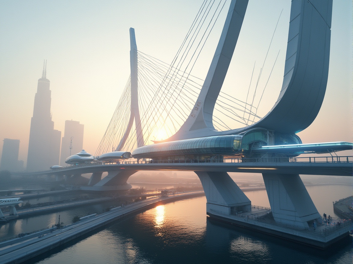 Prompt: Futuristic bridge design, sleek metallic beams, suspended cable-stayed systems, gleaming silver railings, modern LED lighting, dynamic curves, minimalist piers, high-strength concrete foundations, innovative cantilevered sections, dramatic arches, stainless steel cladding, reflective glass panels, abstract geometric patterns, urban cityscape backdrop, misty morning atmosphere, soft warm glow, shallow depth of field, 2/3 composition, realistic textures, ambient occlusion.