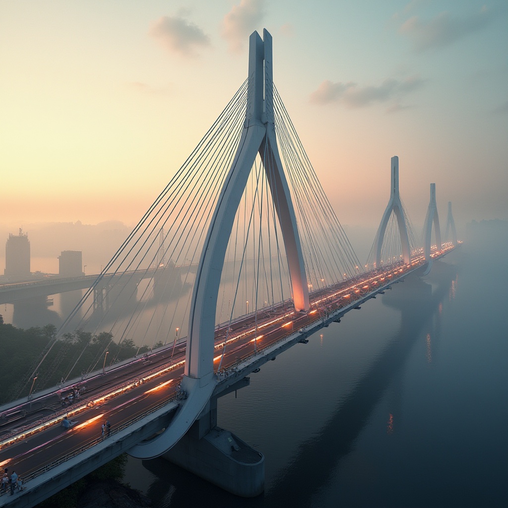 Prompt: Futuristic suspension bridge, sleek metallic beams, angular steel arches, dynamic cable systems, high-strength concrete piers, LED lighting strips, neon-lit pedestrian walkways, modern urban landscape, misty atmospheric conditions, warm golden hour lighting, shallow depth of field, 1/2 composition, realistic reflections, ambient occlusion.