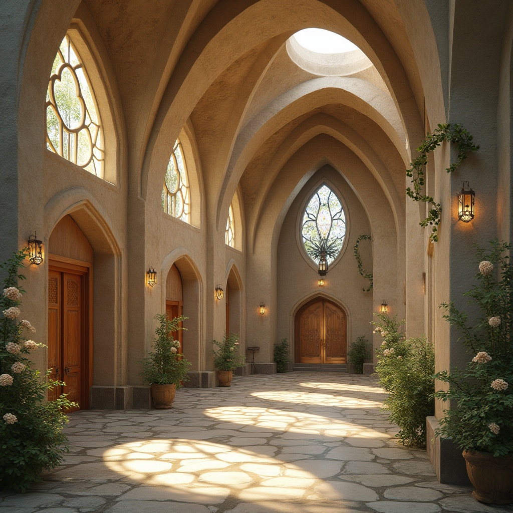 Prompt: Undulating rooflines, flowing curves, natural stone fa\u00e7ades, stained glass windows, ornate wooden doors, intricate carvings, rustic textures, earthy color palette, serene atmosphere, soft warm lighting, dramatic archways, grand entrance halls, vaulted ceilings, clerestory windows, minimalist d\u00e9cor, subtle patterns, organic shapes, free-flowing spaces, spiritual ambiance, peaceful surroundings, lush greenery, blooming flowers, misty mornings, warm sunbeams, 1/2 composition, shallow depth of field, realistic textures, ambient occlusion.