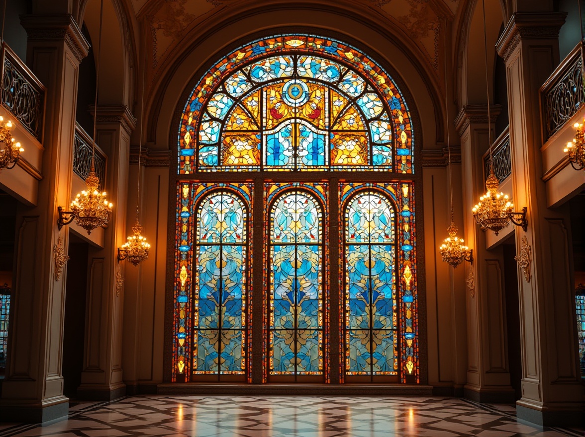 Prompt: Vibrant stained glass windows, Art Deco architecture, opulent geometric patterns, kaleidoscopic colors, luxurious materials, ornate metal frames, symmetrical compositions, lavish decorations, grand chandeliers, intricate mosaics, bold typography, glamorous ambiance, warm golden lighting, shallow depth of field, 1/1 composition, realistic textures, ambient occlusion.