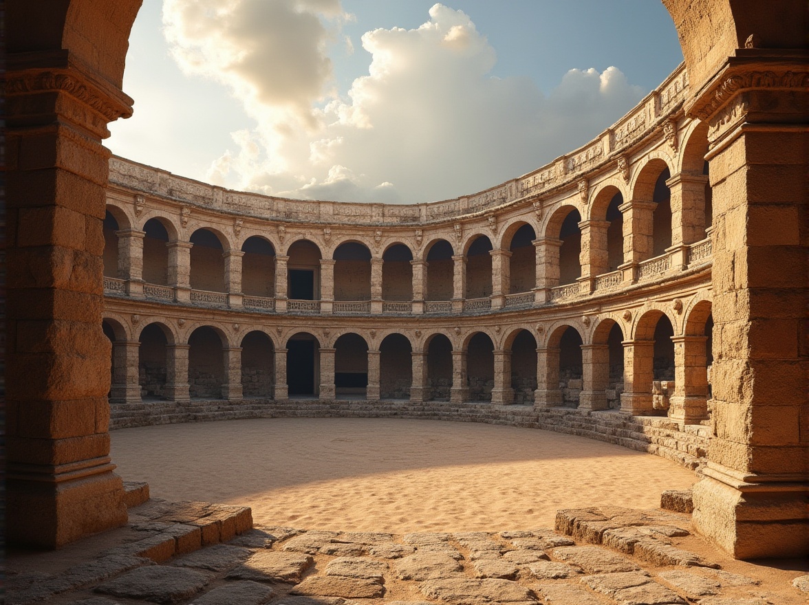 Prompt: Ancient Romanesque amphitheater, grandiose arches, robust stone columns, ornate carvings, rusticated stonework, imposing fa\u00e7ade, tiered seating, elliptical shape, central arena, sandy floor, atmospheric lighting, warm golden hour, dramatic shadows, 1/1 composition, symmetrical view, realistic textures, ambient occlusion.