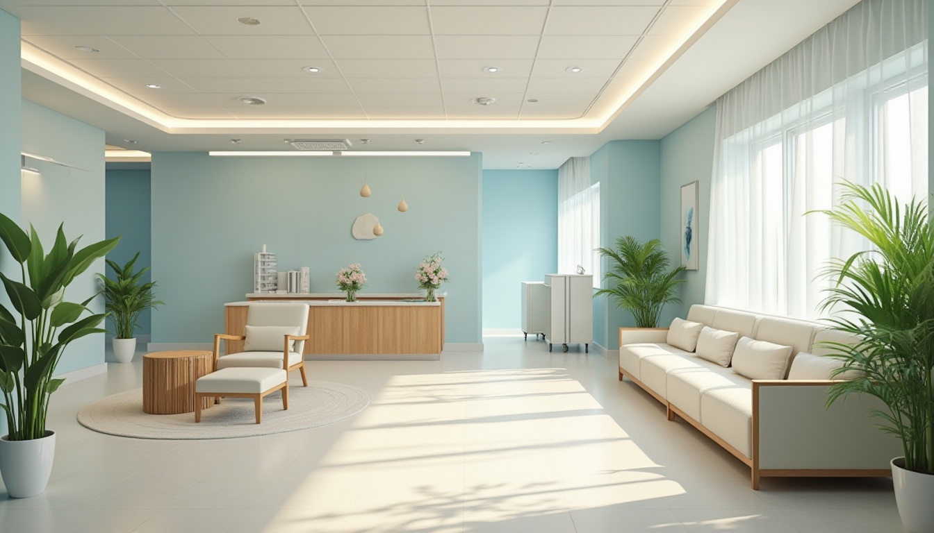 Prompt: Calming healthcare facility, soothing color scheme, pale blue walls, cream-colored furniture, natural wood accents, warm beige floors, gentle lighting, soft shadows, peaceful atmosphere, serene waiting areas, comforting patient rooms, calming exam rooms, vibrant greenery, lush plants, natural materials, earthy tones, organic textures, subtle patterns, minimal decor, clean lines, modern medical equipment, futuristic technology, sterile surfaces, efficient layout, easy navigation.