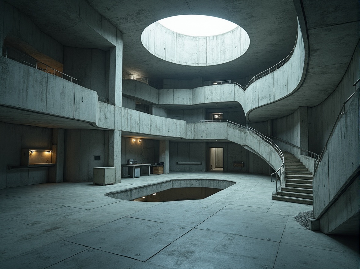 Prompt: Exposed concrete walls, brutalist architecture, research center facilities, laboratory equipment, minimalist interiors, industrial lighting fixtures, metal staircases, raw concrete floors, geometric shapes, fortress-like structures, dramatic natural light, high ceilings, functional layout, rectangular forms, urban landscape views, overcast skies, moody atmospheric lighting, cinematic composition, stark textures, ambient shadows.