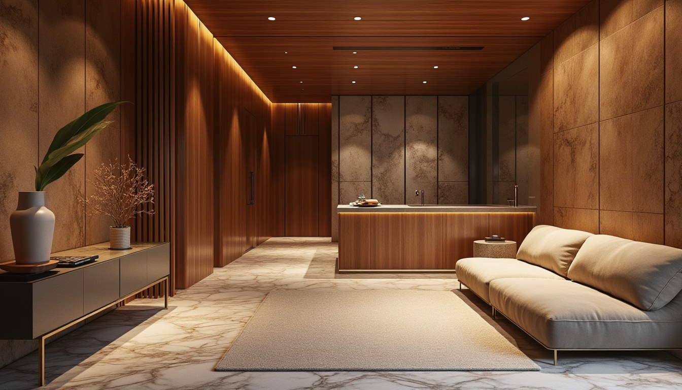 Prompt: Luxurious interior space, rich wood textures, polished marble floors, sleek metal accents, plush velvet upholstery, natural stone walls, earthy tone color palette, high-gloss finishes, modern minimalist decor, ambient warm lighting, shallow depth of field, 1/2 composition, realistic reflections, subtle grain textures.