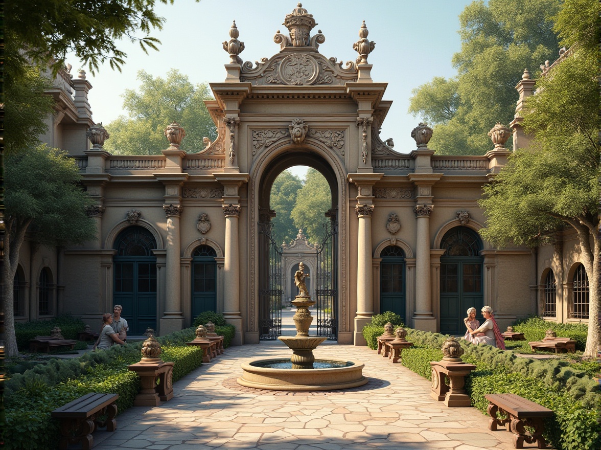 Prompt: Ornate zoo entrance, grand stone columns, majestic archways, rusticated walls, ornamental ironwork, classical statues, vibrant greenery, exotic animal enclosures, wooden benches, natural stone walkways, elegant fountains, soft warm lighting, shallow depth of field, 3/4 composition, panoramic view, realistic textures, ambient occlusion.