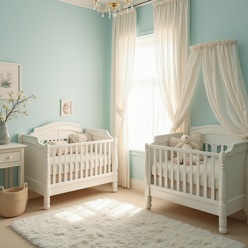 Prompt: Pastel baby blue walls, soft creamy whites, gentle beige accents, warm wooden furniture, cozy plush carpets, calming nursery atmosphere, natural light pouring in, sheer curtains, delicate lace details, vintage cribs, stuffed animal toys, tender motherly love, serene peaceful ambiance, shallow depth of field, 1/1 composition, softbox lighting, realistic textures.