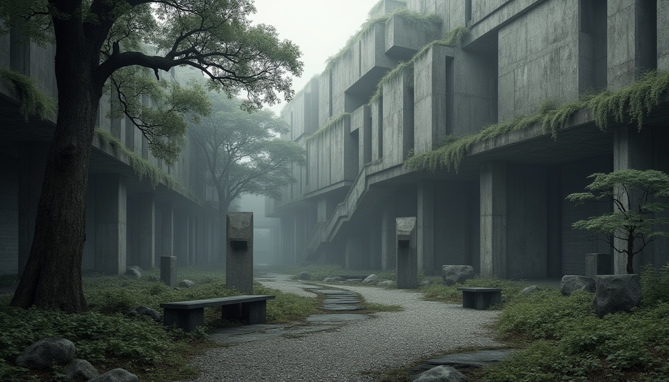 Prompt: Rugged brutalist building, industrial landscape, concrete walls, geometric shapes, raw steel beams, urban jungle, mature trees, overgrown vegetation, moss-covered stones, gravel pathways, minimalist benches, abstract sculptures, monochromatic color scheme, dramatic shadows, high-contrast lighting, cinematic composition, low-angle shot, atmospheric fog, mysterious ambiance.