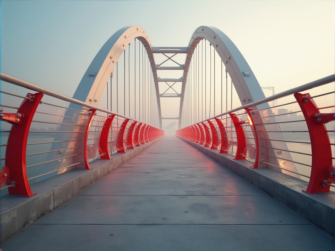 Prompt: Sleek modern bridge, silver metal beams, glossy white railings, transparent glass panels, vibrant LED lighting, bold red accents, neutral gray concrete piers, weathered steel cables, misty morning fog, soft warm sunlight, shallow depth of field, 1/2 composition, realistic textures, ambient occlusion.