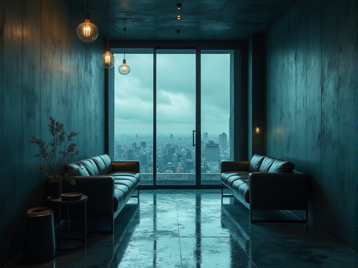 Prompt: \Moody dark cyan walls, sleek modern furniture, polished metal accents, minimalist decor, industrial-style lighting, urban cityscape views, cloudy overcast day, dramatic shadows, high-contrast photography, 1/2 composition, atmospheric misting, intricate concrete textures, ambient Occlusion, realistic reflections.\