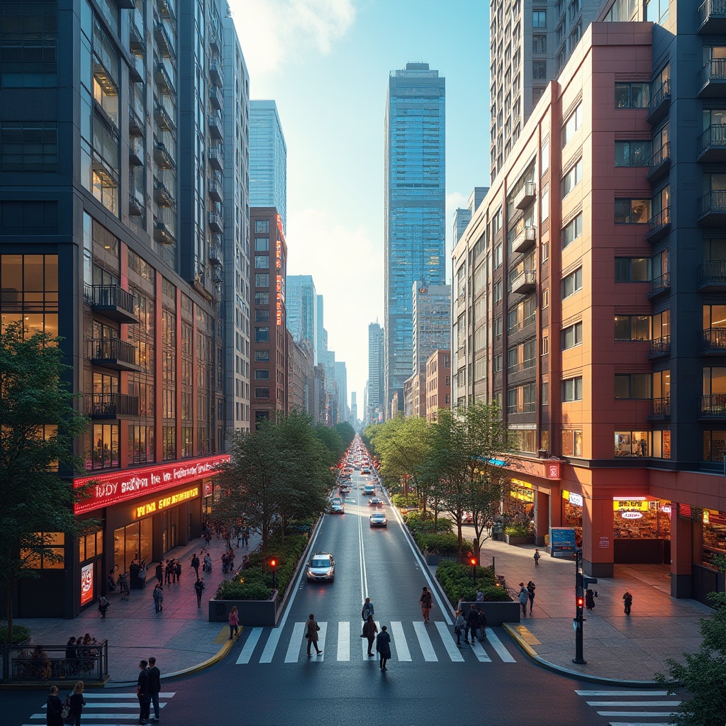 Prompt: Vibrant cityscape, modern skyscrapers, bold color blocking, contrasting hues, harmonious palette, natural light reflections, urban landscape, bustling streets, pedestrian zones, architectural accents, metallic finishes, glass facades, neon signage, warm atmospheric lighting, dramatic shadows, 3/4 composition, shallow depth of field, cinematic view.