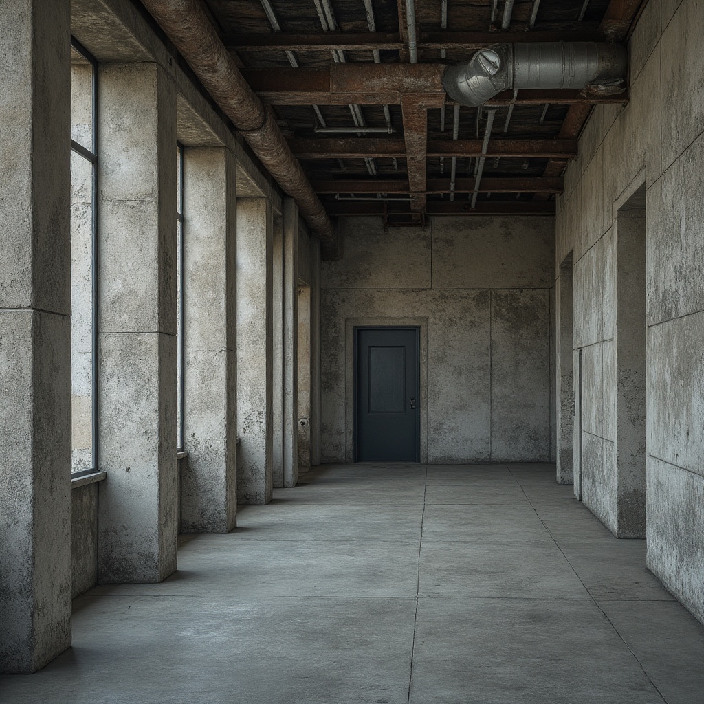 Prompt: Rough-hewn concrete walls, exposed ductwork, industrial metal beams, weathered steel fa\u00e7ades, brutalist monumentality, rugged stone foundations, raw poured-in-place concrete, distressed wood accents, industrial-style lighting fixtures, urban cityscape backdrop, overcast skies, dramatic shadows, high-contrast lighting, bold geometric forms, fortress-like structures, imposing scale, coarse textures, minimalist ornamentation, functional simplicity, austere aesthetics.